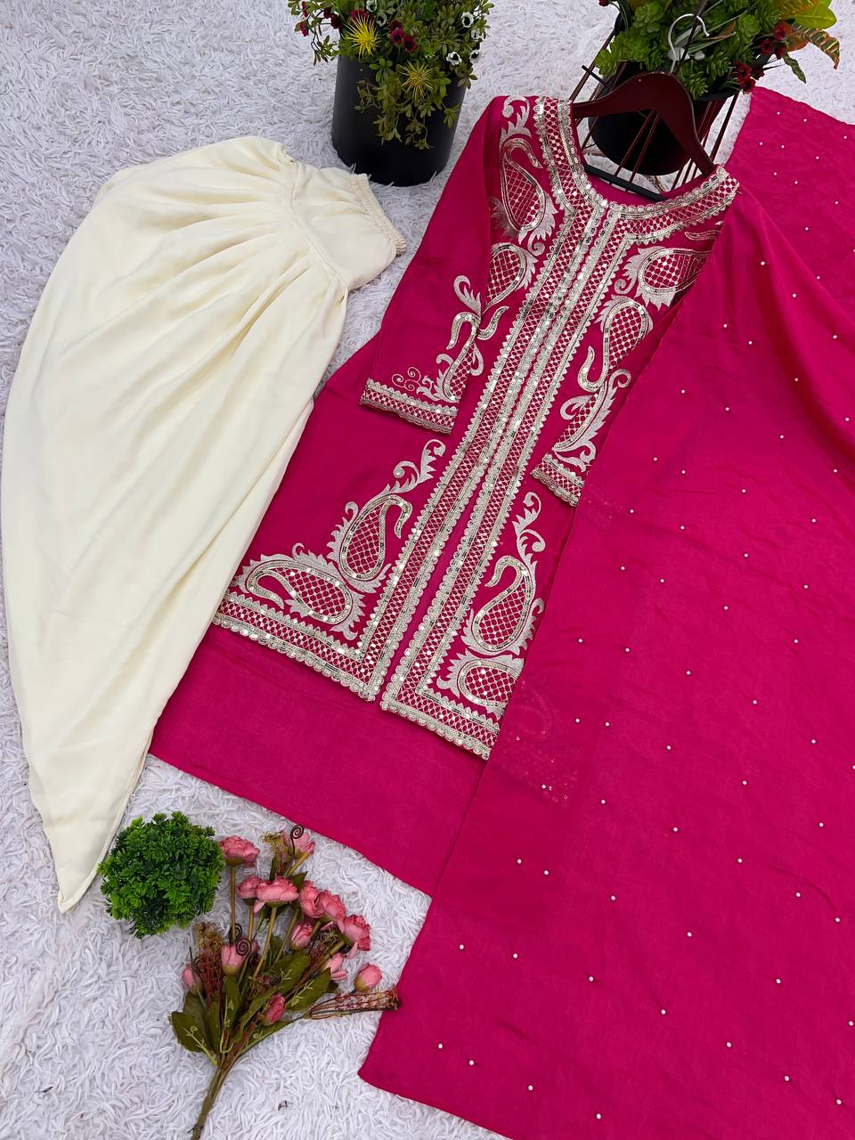 Wedding Wear Pink Color Pure Chinon Silk With Embroidery Sequence Work Dhoti Suit