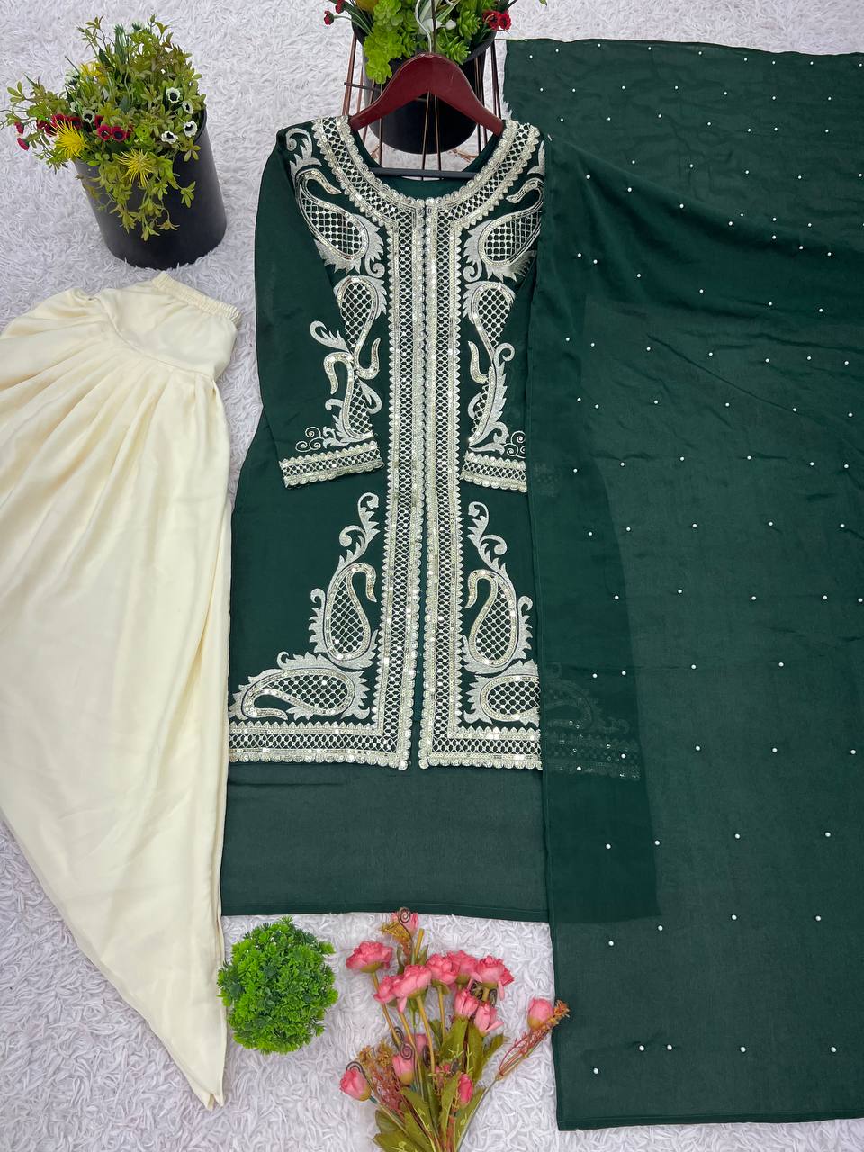 Wedding Wear Green Color Pure Chinon Silk With Embroidery Sequence Work Dhoti Sui