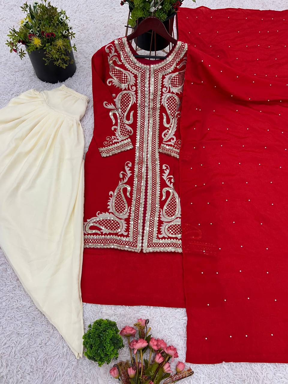 Wedding Wear Red Color Pure Chinon Silk With Embroidery Sequence Work Dhoti Suit