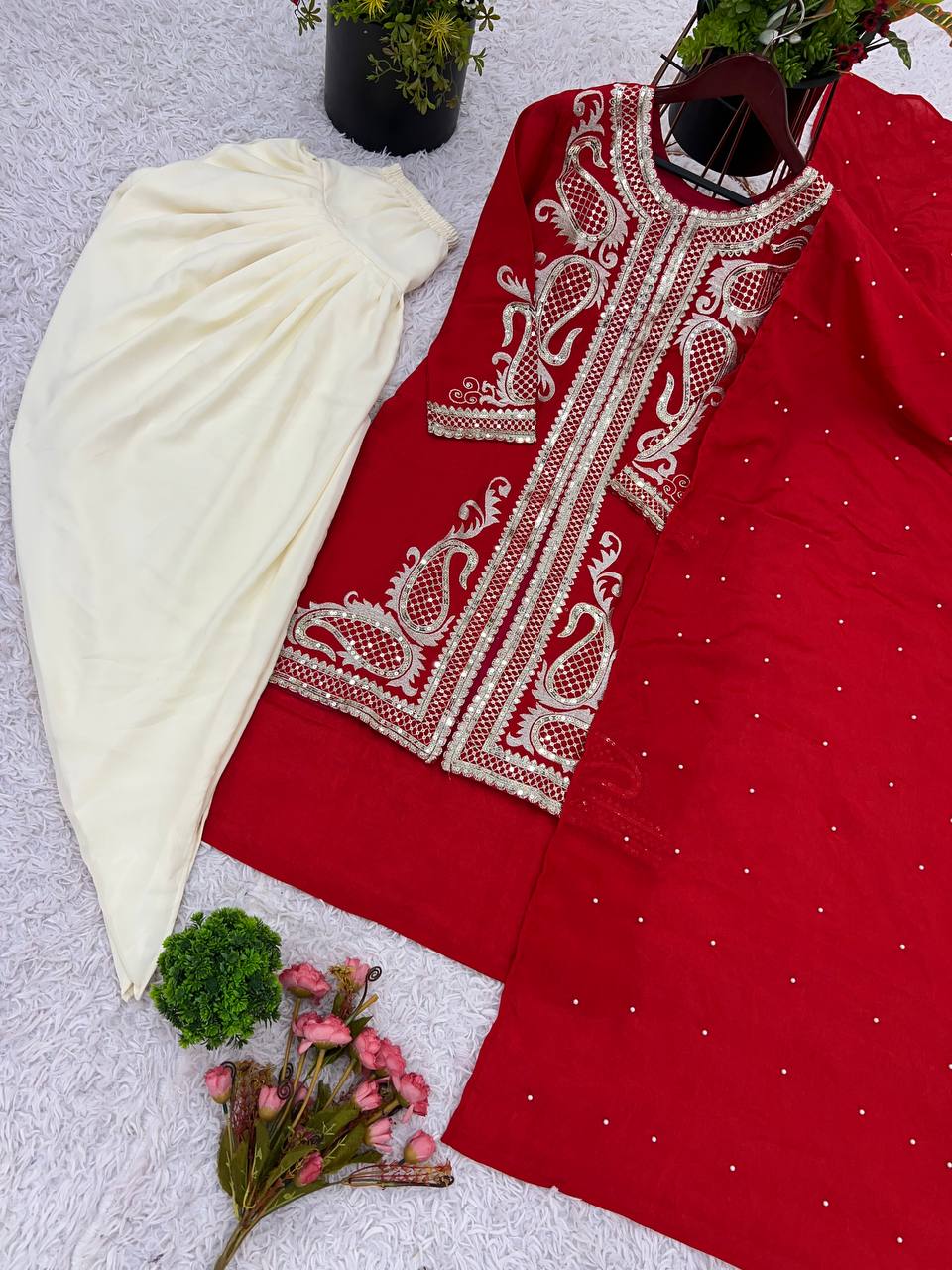 Wedding Wear Red Color Pure Chinon Silk With Embroidery Sequence Work Dhoti Suit