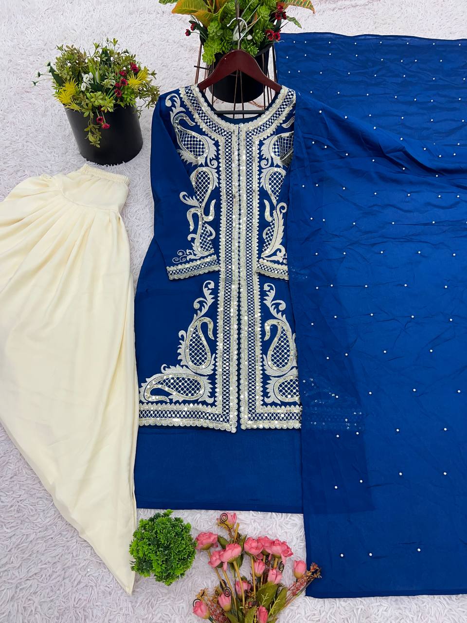 Wedding Wear Blue Color Pure Chinon Silk With Embroidery Sequence Work Dhoti Suit