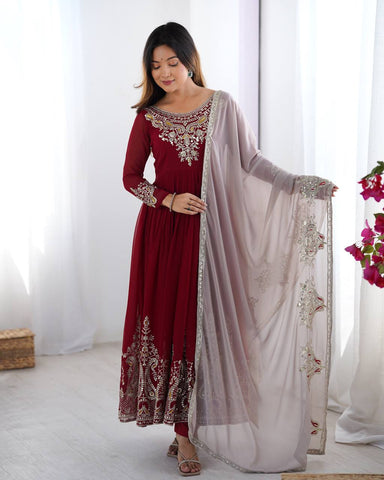 Casual Wear Marron Color Georgette With Multi Thread Embroidery Sequence Work Designer Gown