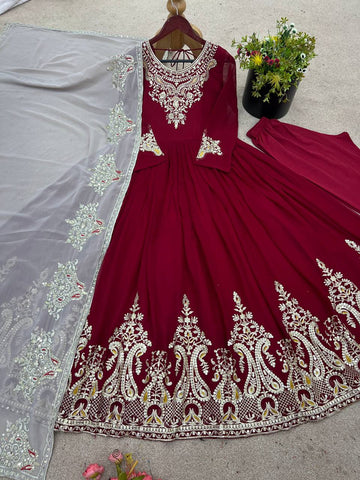 Casual Wear Marron Color Georgette With Multi Thread Embroidery Sequence Work Designer Gown