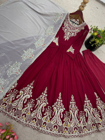 Casual Wear Marron Color Georgette With Multi Thread Embroidery Sequence Work Designer Gown