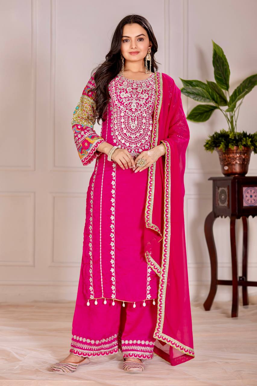 Blissful Pink Color Heavy Vichitra Silk Embroidery Sequences With Real Mirror Work Palazzo Suit