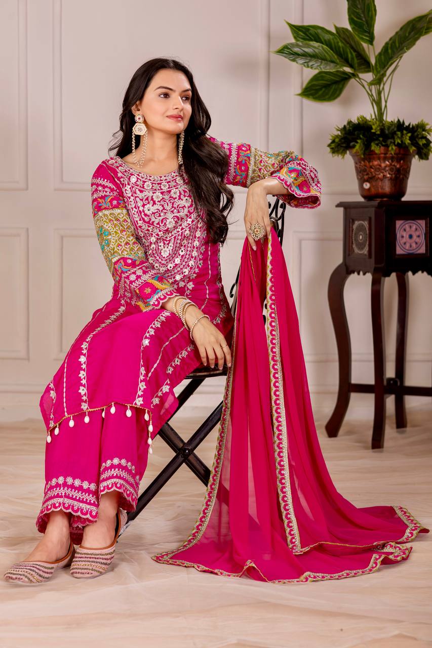 Blissful Pink Color Heavy Vichitra Silk Embroidery Sequences With Real Mirror Work Palazzo Suit