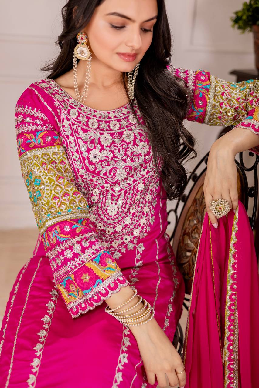 Blissful Pink Color Heavy Vichitra Silk Embroidery Sequences With Real Mirror Work Palazzo Suit