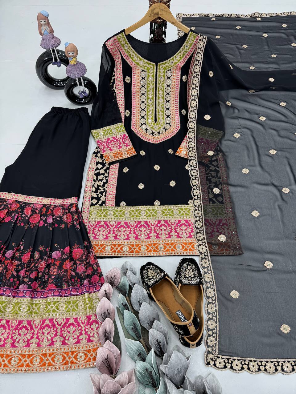 Delightful Black Color Heavy Fuax Georgette Embroidery Sequences Work Palazzo Suit