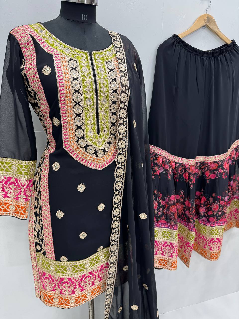 Delightful Black Color Heavy Fuax Georgette Embroidery Sequences Work Palazzo Suit