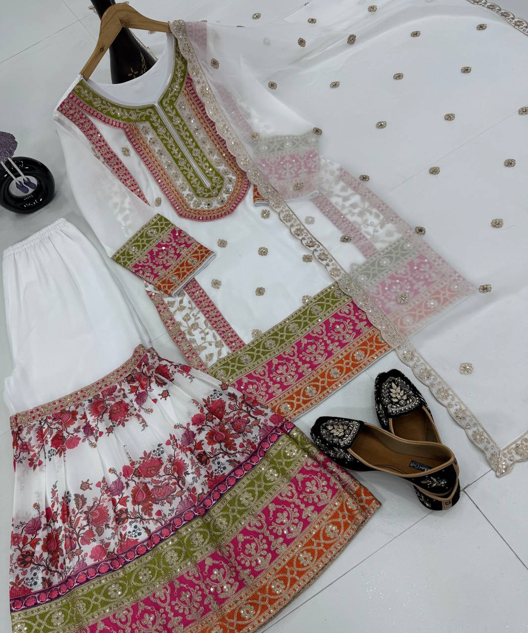 Ravishing White Color Heavy Fuax Georgette Embroidery Sequences Work Palazzo Suit