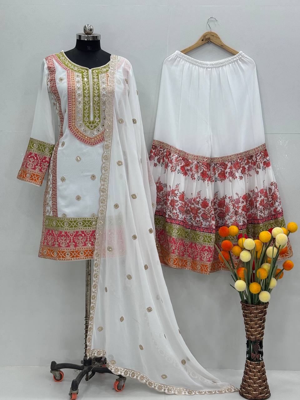 Ravishing White Color Heavy Fuax Georgette Embroidery Sequences Work Palazzo Suit
