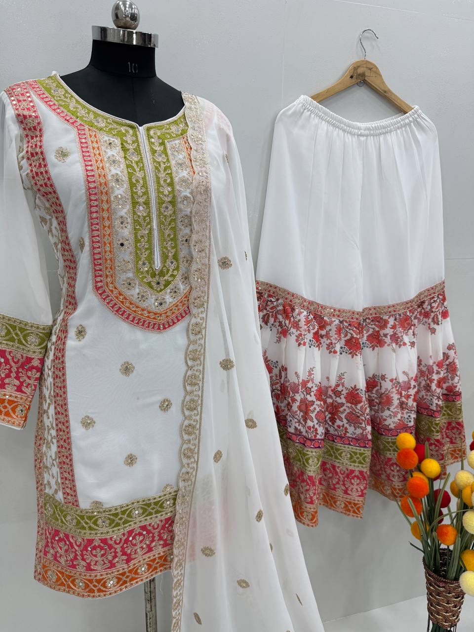 Ravishing White Color Heavy Fuax Georgette Embroidery Sequences Work Palazzo Suit