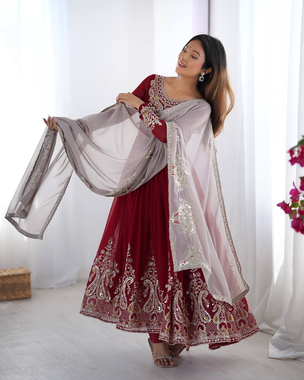 Casual Wear Marron Color Georgette With Multi Thread Embroidery Sequence Work Designer Gown