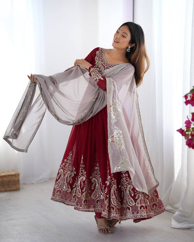 Casual Wear Marron Color Georgette With Multi Thread Embroidery Sequence Work Designer Gown