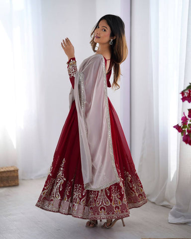 Casual Wear Marron Color Georgette With Multi Thread Embroidery Sequence Work Designer Gown