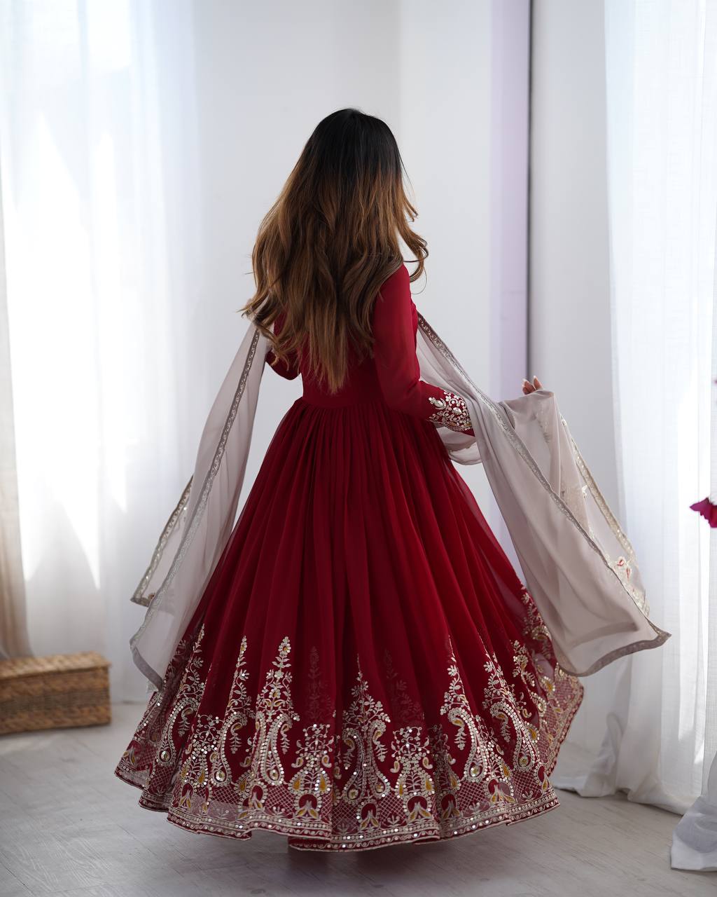 Casual Wear Marron Color Georgette With Multi Thread Embroidery Sequence Work Designer Gown