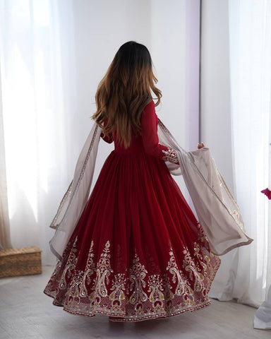 Casual Wear Marron Color Georgette With Multi Thread Embroidery Sequence Work Designer Gown