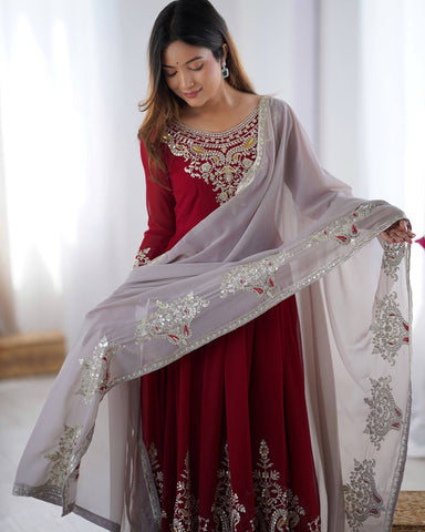 Casual Wear Marron Color Georgette With Multi Thread Embroidery Sequence Work Designer Gown