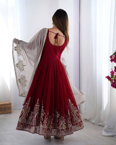 Casual Wear Marron Color Georgette With Multi Thread Embroidery Sequence Work Designer Gown