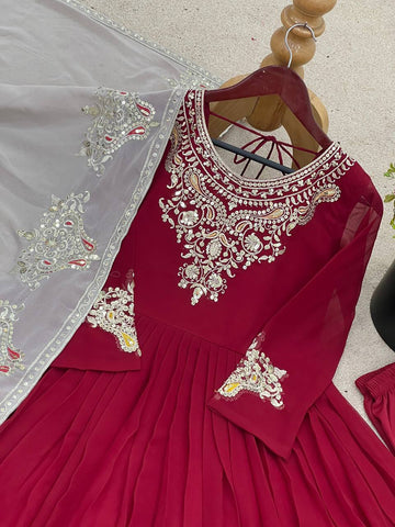 Casual Wear Marron Color Georgette With Multi Thread Embroidery Sequence Work Designer Gown