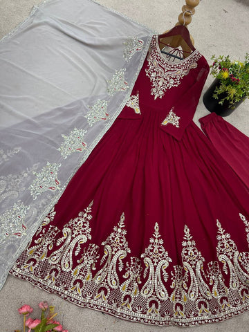 Casual Wear Marron Color Georgette With Multi Thread Embroidery Sequence Work Designer Gown