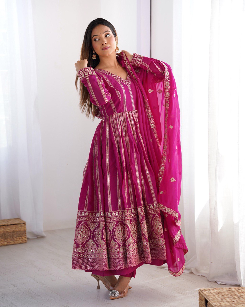 Function Wear Wine Color Star Georgette  Thread And Sequence Work Anarkali Suit