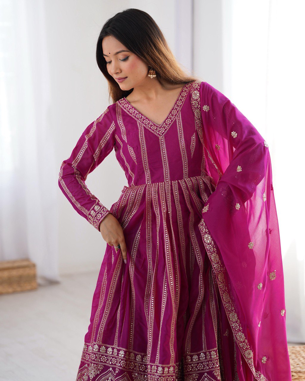 Function Wear Wine Color Star Georgette  Thread And Sequence Work Anarkali Suit
