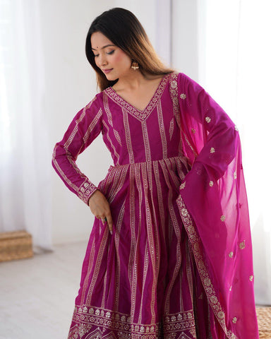 Function Wear Wine Color Star Georgette  Thread And Sequence Work Anarkali Suit