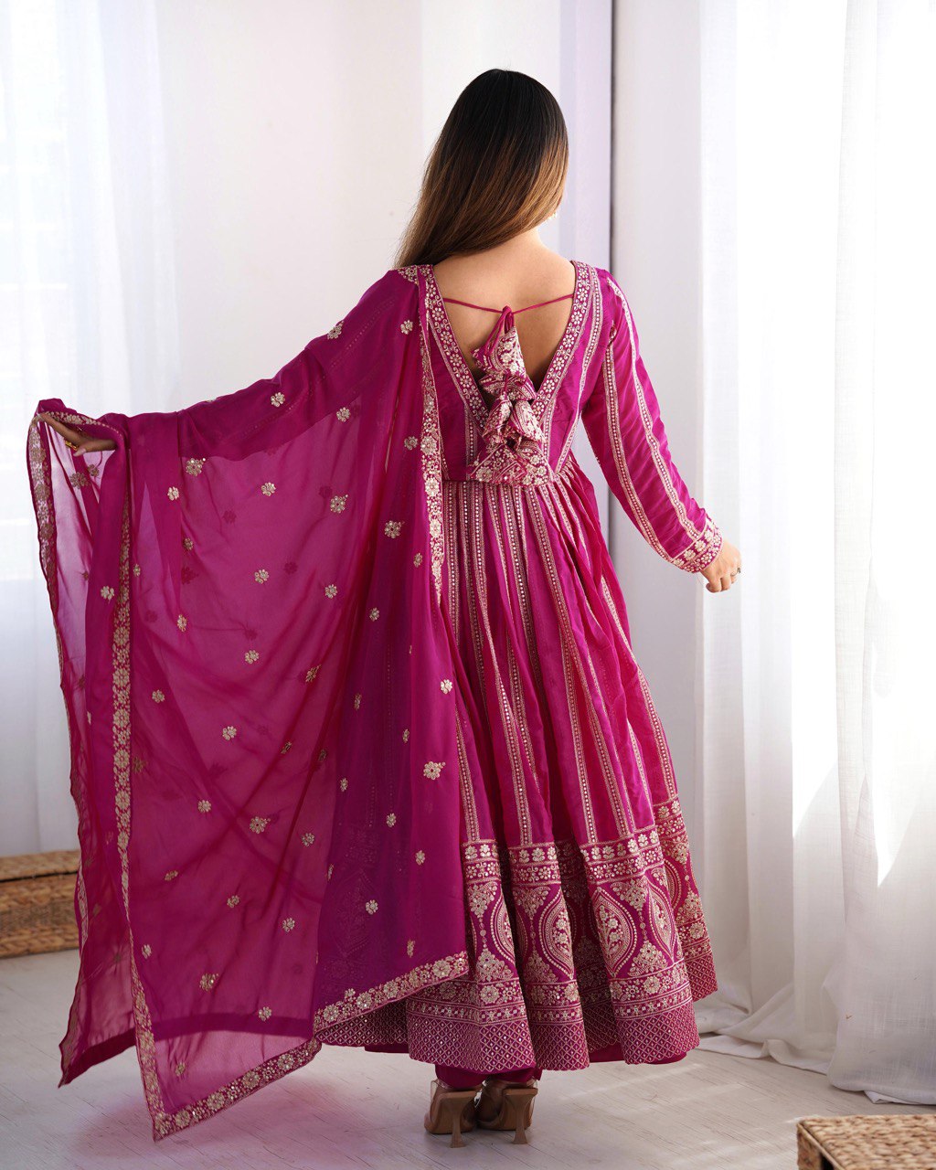 Function Wear Wine Color Star Georgette  Thread And Sequence Work Anarkali Suit