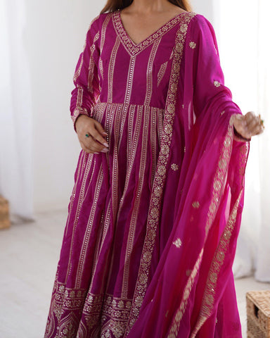 Function Wear Wine Color Star Georgette  Thread And Sequence Work Anarkali Suit
