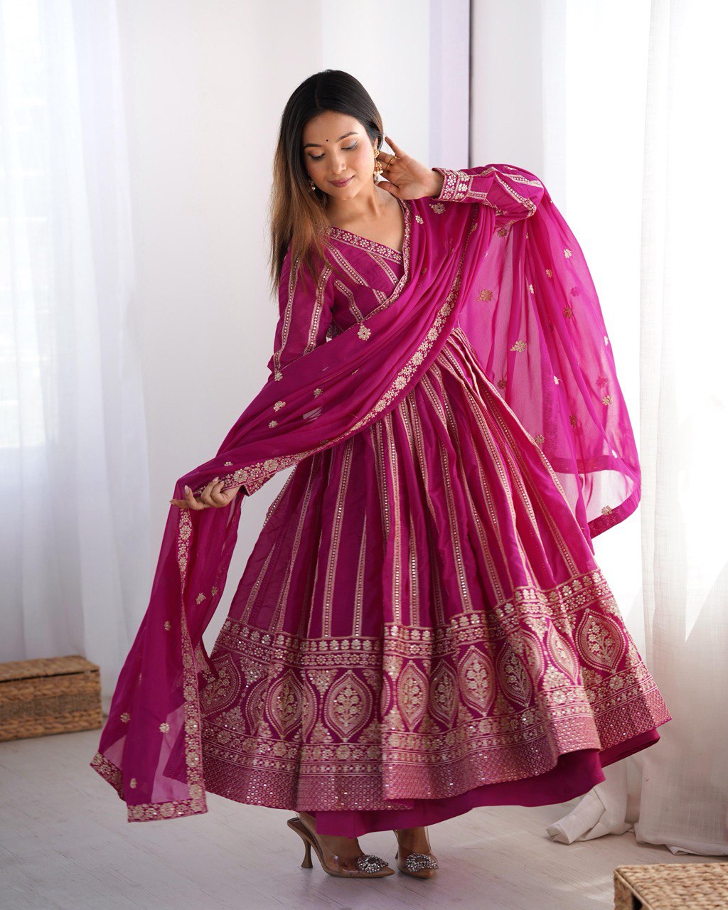 Function Wear Wine Color Star Georgette  Thread And Sequence Work Anarkali Suit