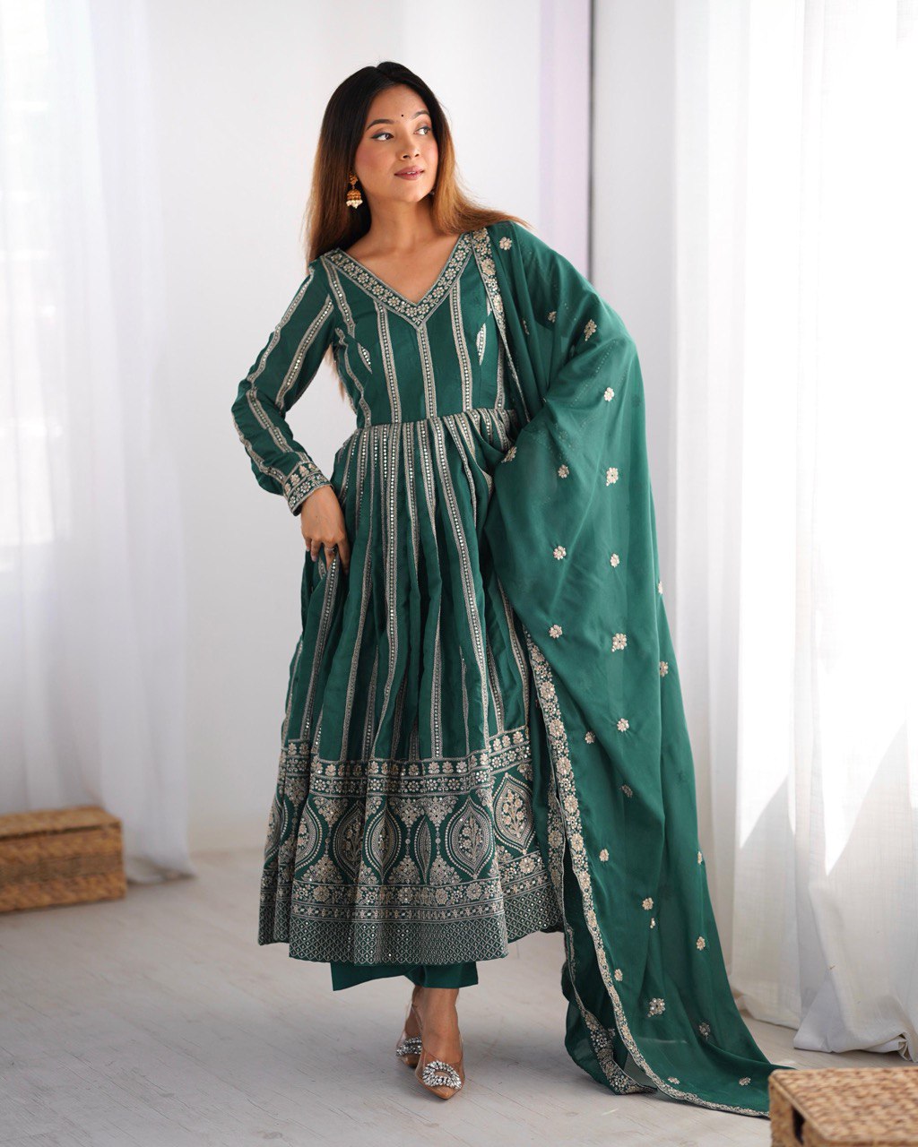 Function Wear Green Color Star Georgette  Thread And Sequence Work Anarkali Suit