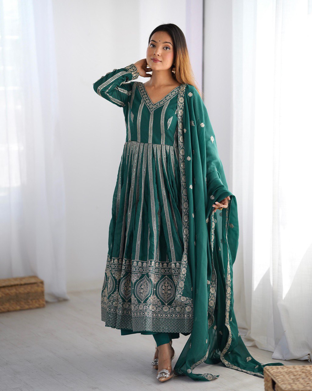 Function Wear Green Color Star Georgette  Thread And Sequence Work Anarkali Suit