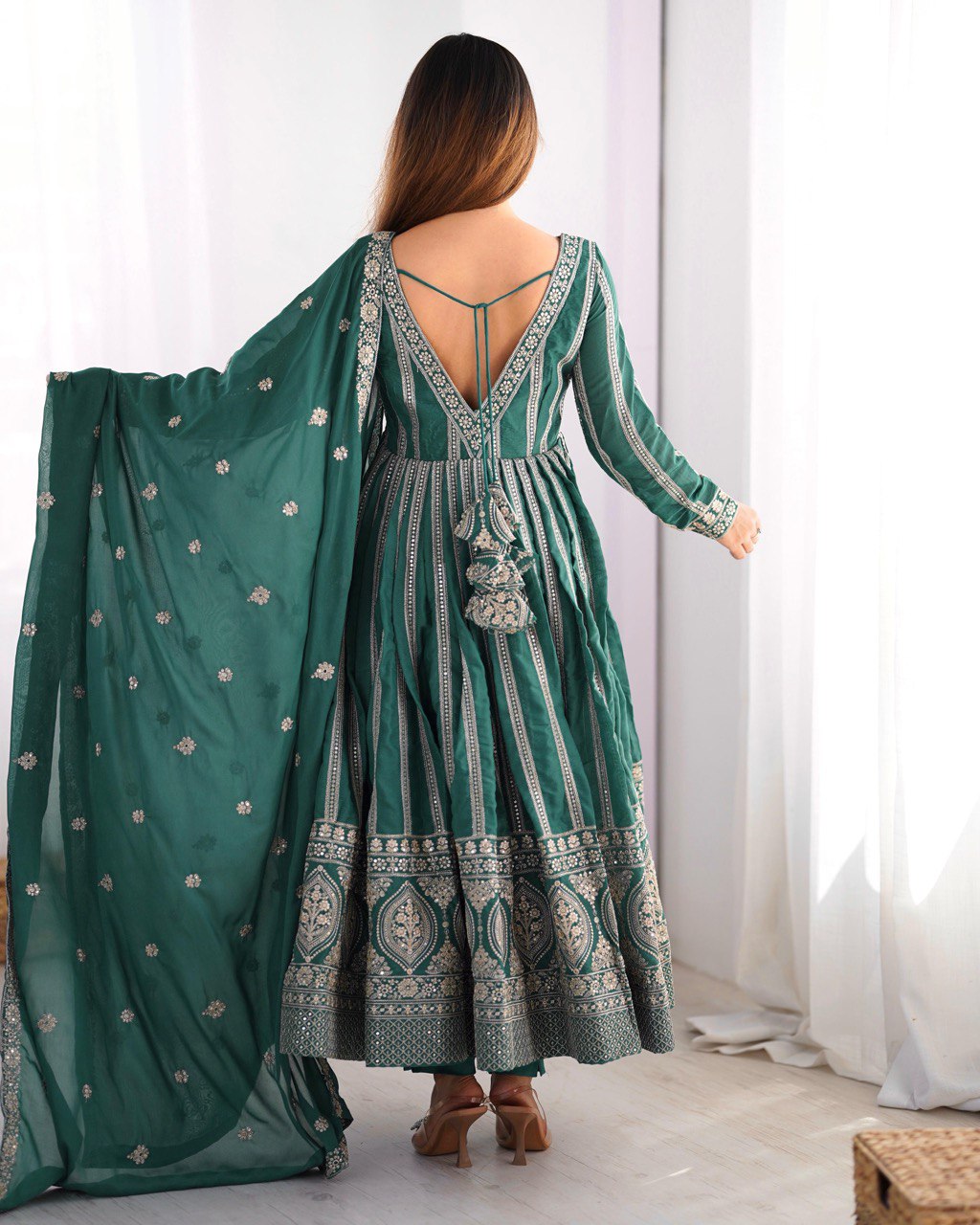 Function Wear Green Color Star Georgette  Thread And Sequence Work Anarkali Suit