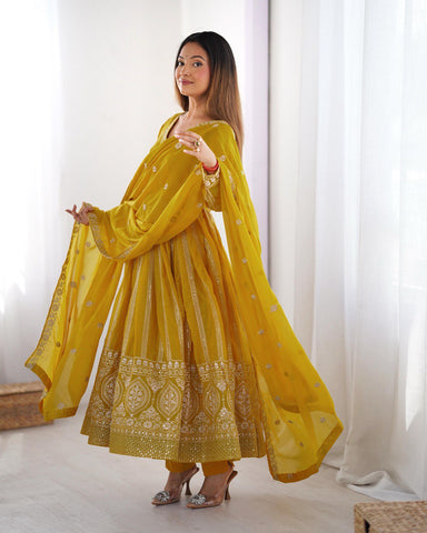 Occassion Wear Yellow Color Star Georgette Thread And Sequence Work Anarkali Suit