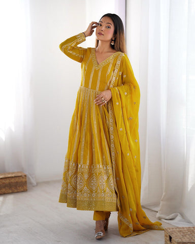 Occassion Wear Yellow Color Star Georgette Thread And Sequence Work Anarkali Suit