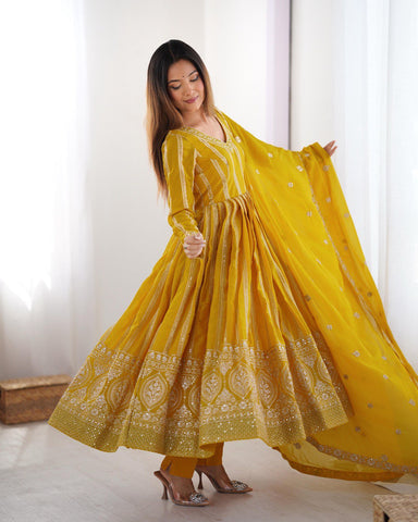 Occassion Wear Yellow Color Star Georgette Thread And Sequence Work Anarkali Suit