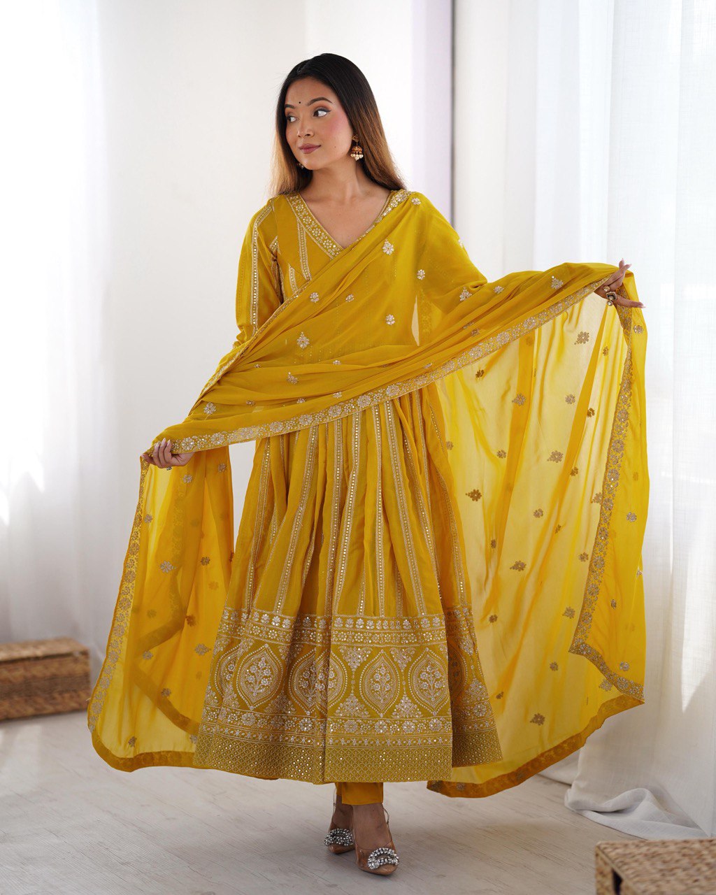 Occassion Wear Yellow Color Star Georgette Thread And Sequence Work Anarkali Suit