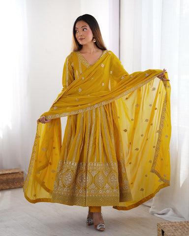 Occassion Wear Yellow Color Star Georgette Thread And Sequence Work Anarkali Suit