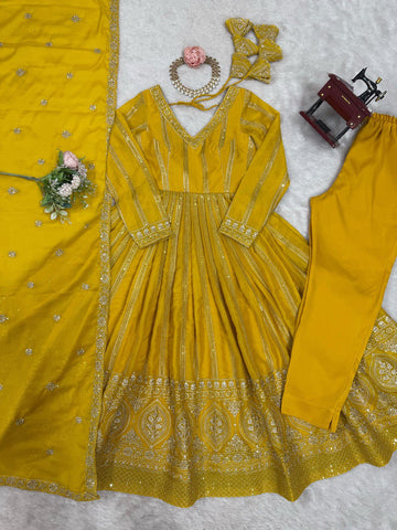 Occassion Wear Yellow Color Star Georgette Thread And Sequence Work Anarkali Suit