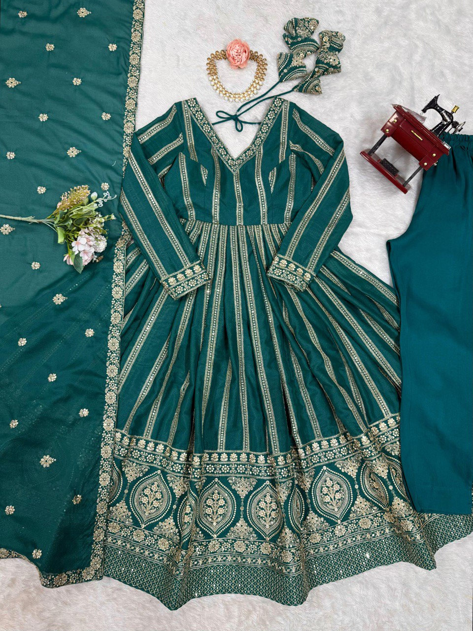 Function Wear Green Color Star Georgette  Thread And Sequence Work Anarkali Suit