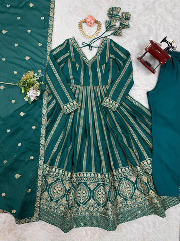 Function Wear Green Color Star Georgette  Thread And Sequence Work Anarkali Suit
