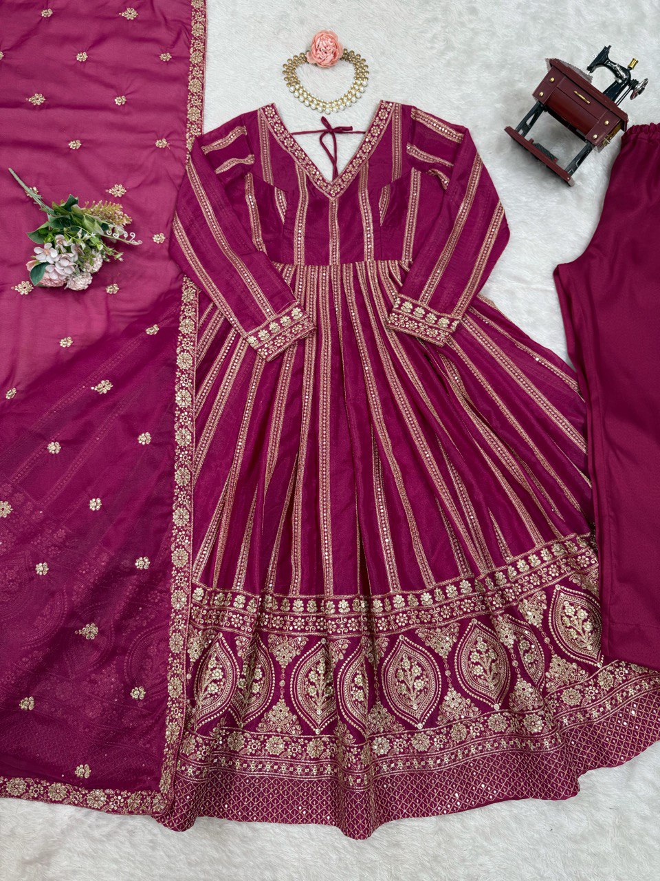 Function Wear Wine Color Star Georgette  Thread And Sequence Work Anarkali Suit