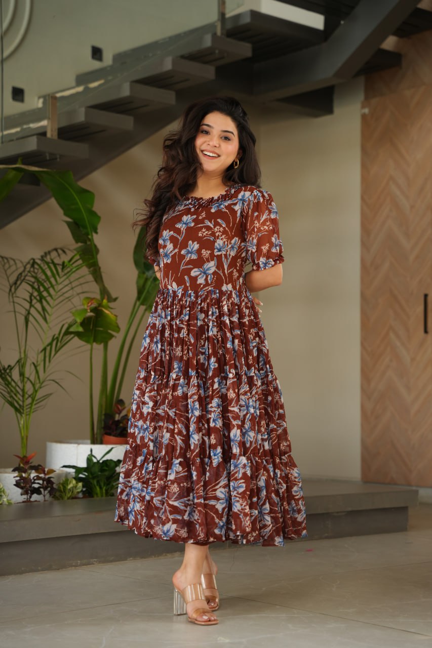 Function Wear Coffee Color Faux Georgette With Printed Designer Anarkali Gown