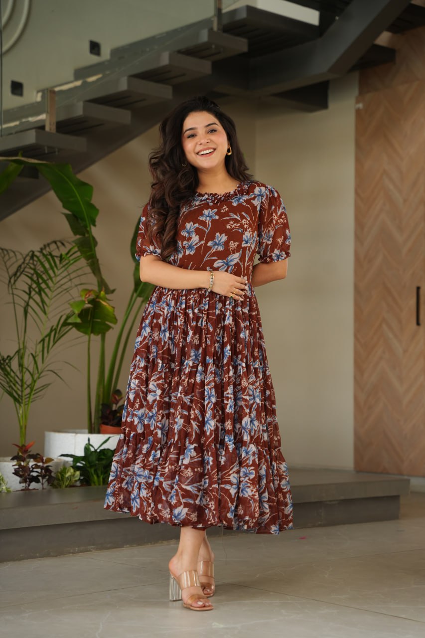 Function Wear Coffee Color Faux Georgette With Printed Designer Anarkali Gown