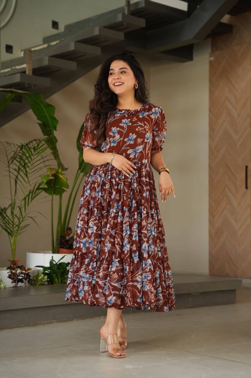 Function Wear Coffee Color Faux Georgette With Printed Designer Anarkali Gown