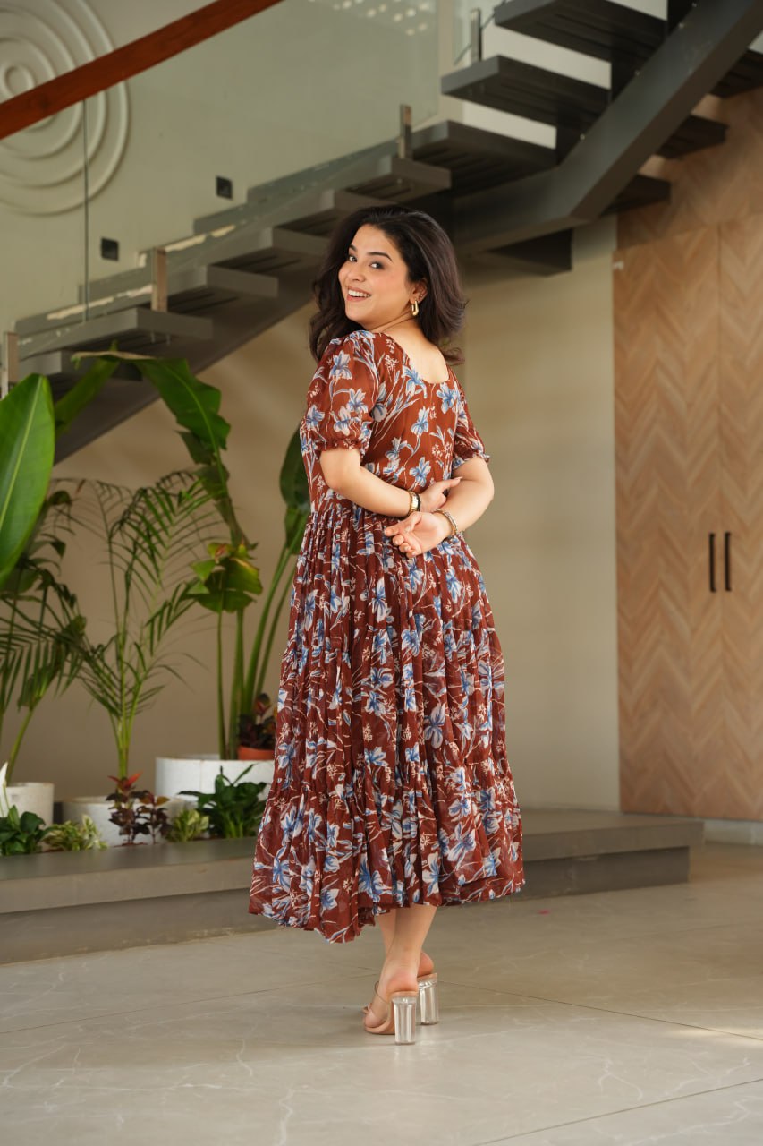 Function Wear Coffee Color Faux Georgette With Printed Designer Anarkali Gown
