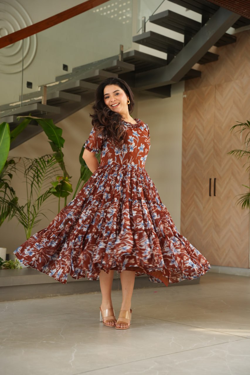 Function Wear Coffee Color Faux Georgette With Printed Designer Anarkali Gown