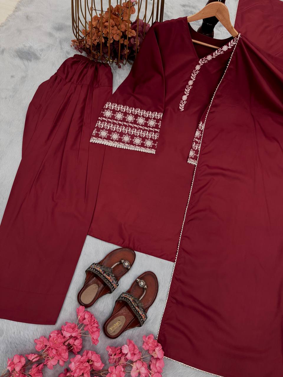 Function Wear Maroon Color Natural Satin With Embroidery Work Beautiful Palazzo Suit