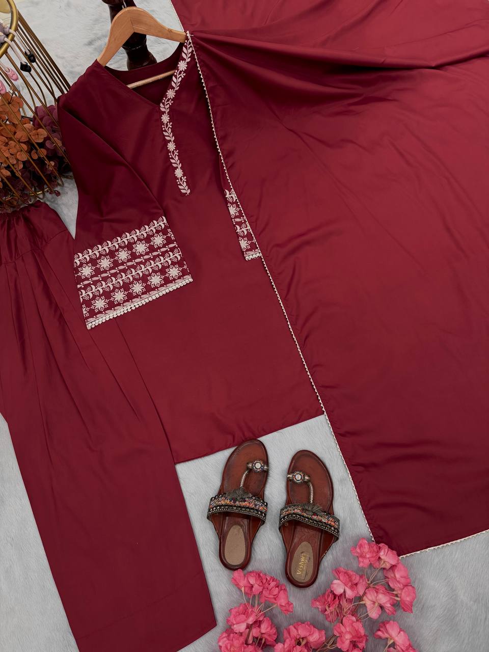 Function Wear Maroon Color Natural Satin With Embroidery Work Beautiful Palazzo Suit